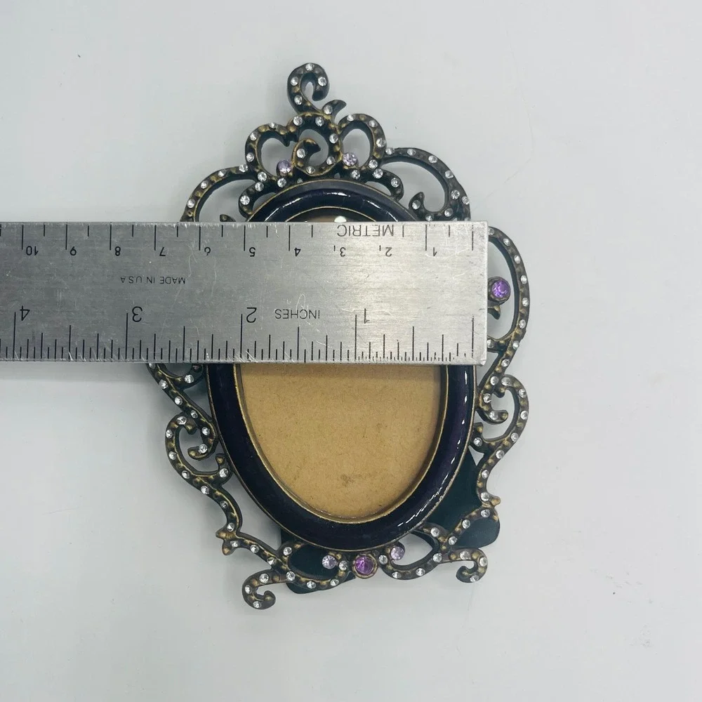 Vintage Style Ornate Oval Picture Frame Purple Enamel Rhinestone Gold Tone 3x2